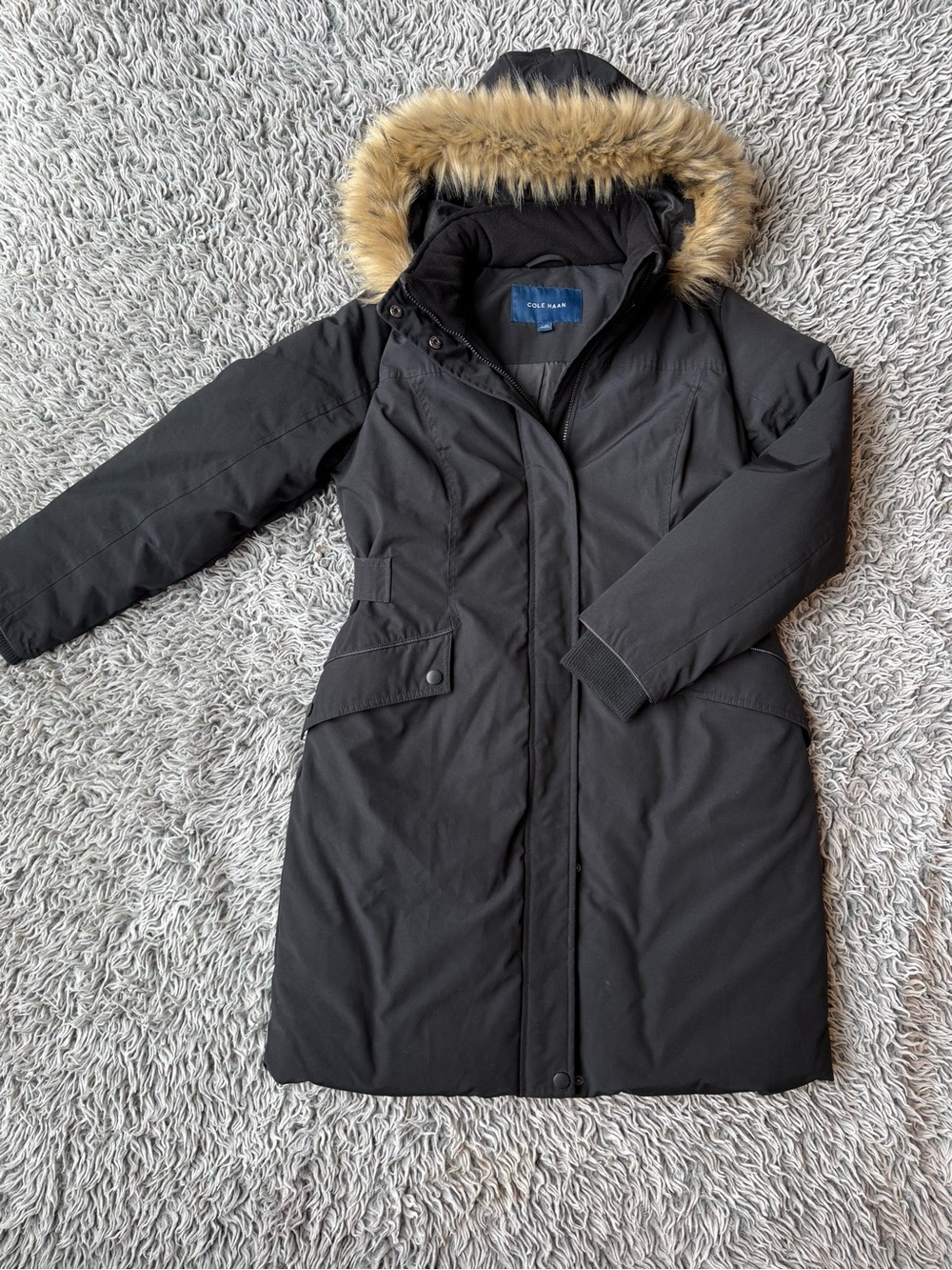 Cole Haan Black Long Puffer Parka with Faux-Fur Trim Hood